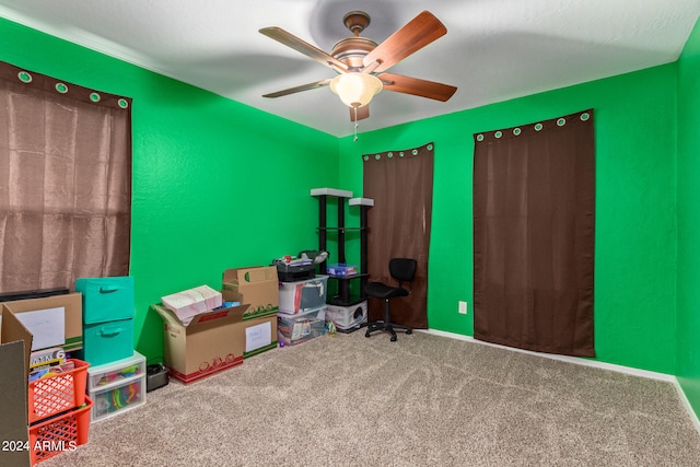 interior space with ceiling fan and carpet