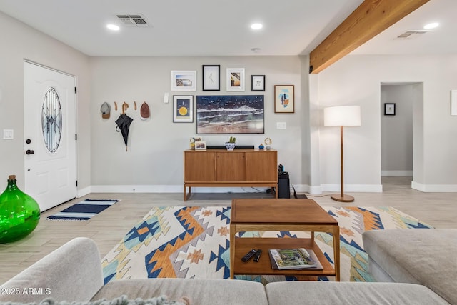 1702 W Glenrosa Ave, Phoenix, AZ 85015 - living area with baseboards, wood finished floors, recessed lighting, and beamed ceiling