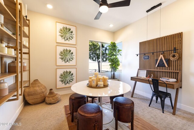 office area featuring ceiling fan and carpet