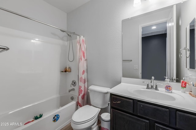 full bathroom featuring toilet, vanity, and shower / tub combo with curtain