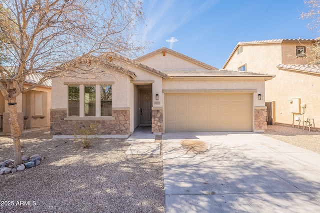 view of front of property featuring stone siding, concrete driveway, an attached garage, and stucco siding