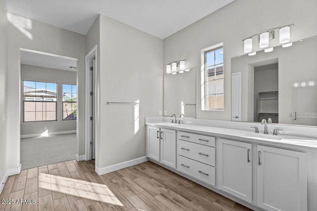 bathroom featuring double vanity, baseboards, a sink, and wood finished floors