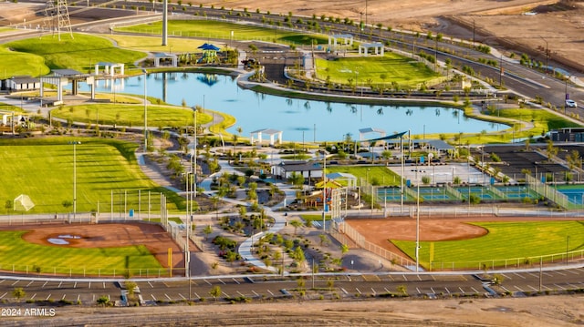 birds eye view of property featuring a water view