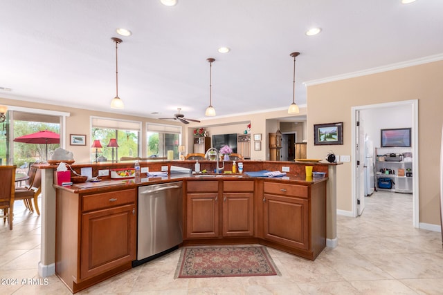 kitchen featuring crown molding, stainless steel dishwasher, sink, and hanging light fixtures