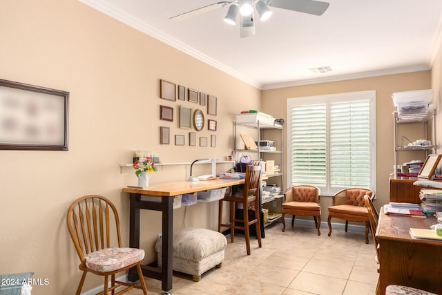 tiled office with ornamental molding and ceiling fan