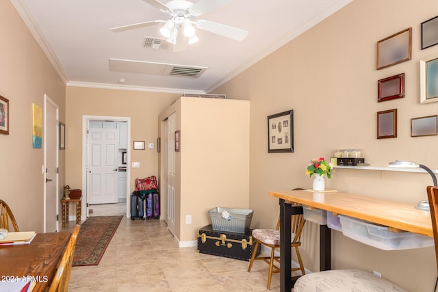 office space featuring crown molding and ceiling fan