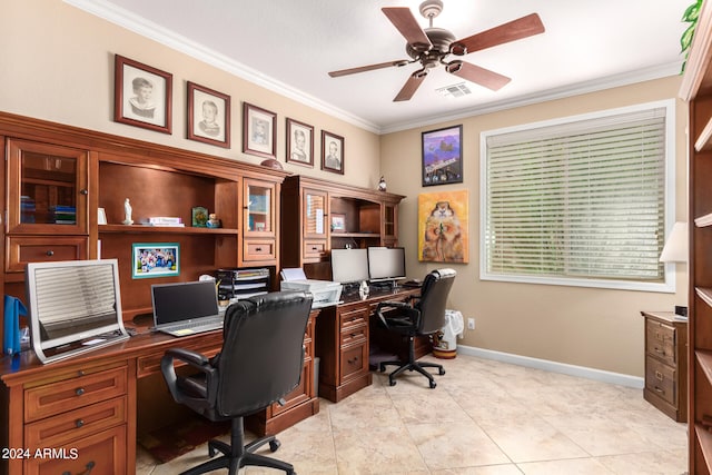 tiled office space with crown molding and ceiling fan