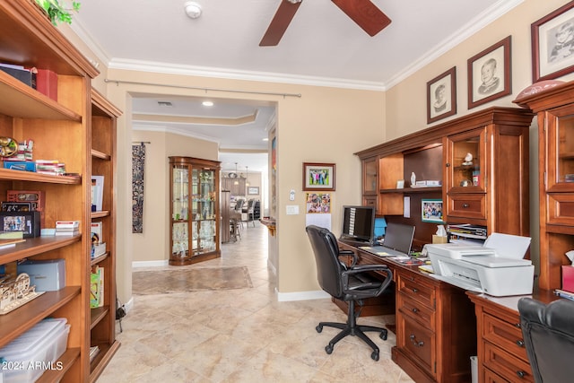 office space featuring ornamental molding and ceiling fan