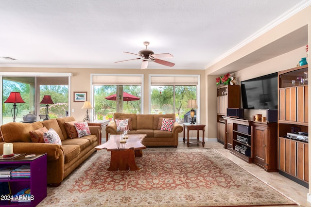 tiled living room featuring crown molding and ceiling fan