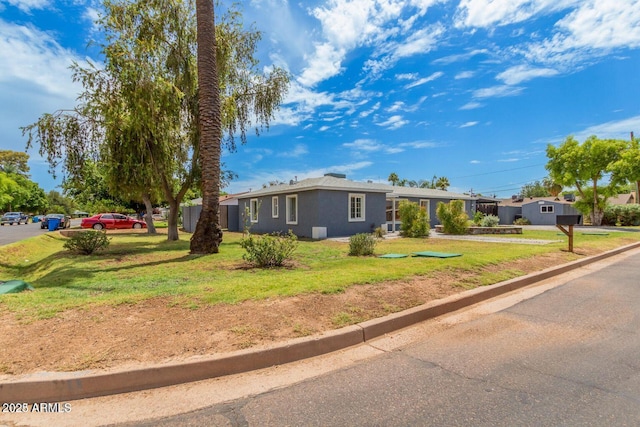 single story home featuring a front lawn and stucco siding