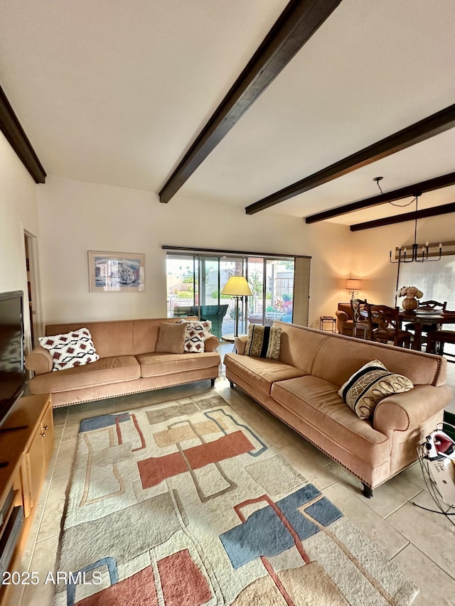 tiled living room with beamed ceiling