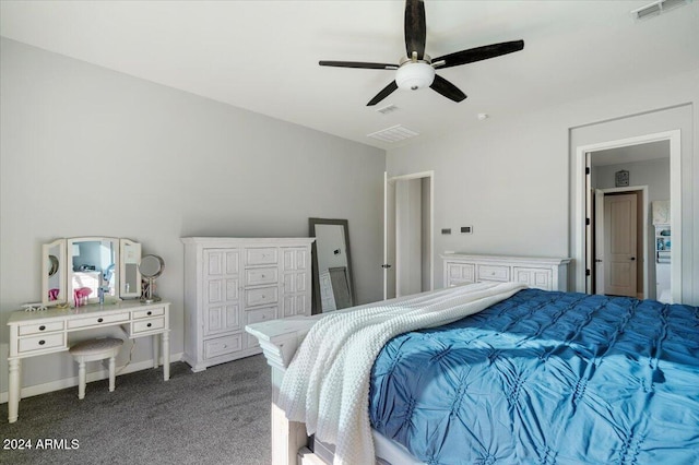 bedroom with ceiling fan and carpet