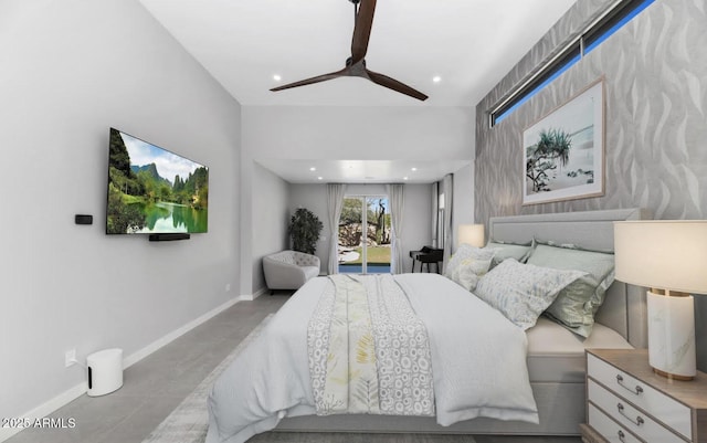 bedroom featuring access to outside, baseboards, recessed lighting, and ceiling fan