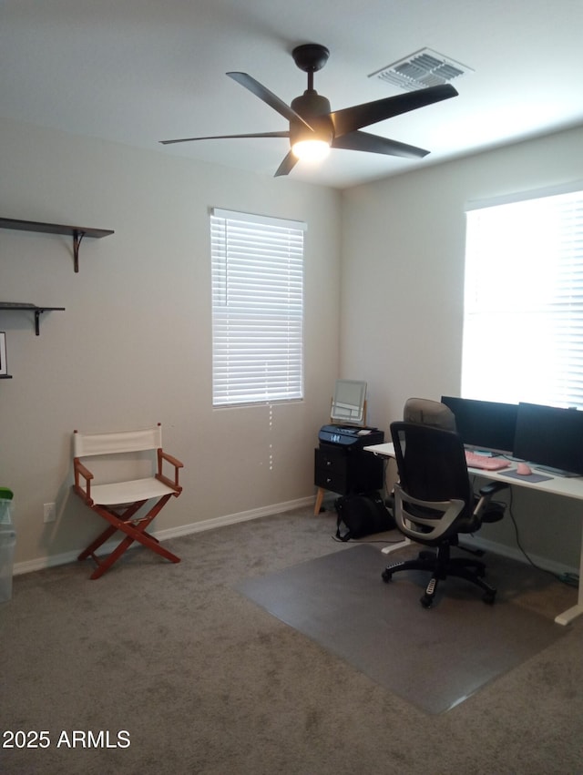 office area with carpet flooring and ceiling fan