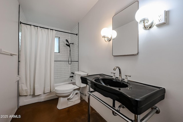 bathroom featuring toilet, finished concrete floors, shower / bath combo, and vanity