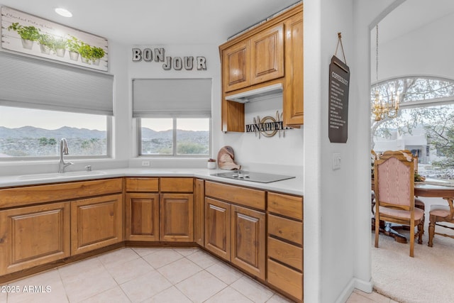 kitchen featuring a notable chandelier, sink, a mountain view, light carpet, and black electric cooktop