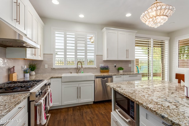 kitchen with sink, dark hardwood / wood-style floors, pendant lighting, white cabinets, and appliances with stainless steel finishes