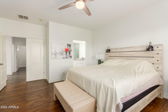 bedroom featuring dark hardwood / wood-style floors and ceiling fan