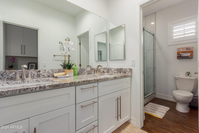 bathroom with wood-type flooring, vanity, toilet, and a shower with door