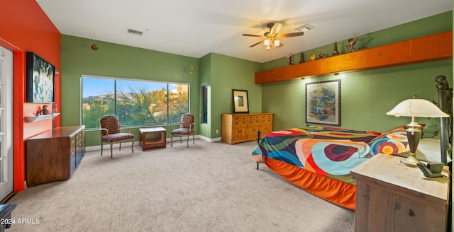 bedroom featuring light carpet and ceiling fan