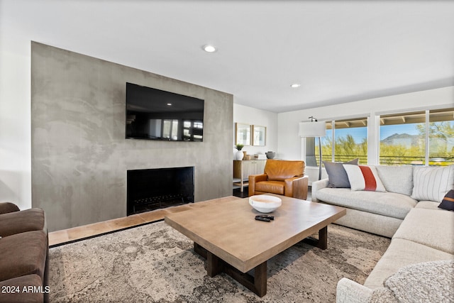 living room with a fireplace