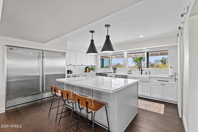 kitchen featuring white cabinetry, premium appliances, dark hardwood / wood-style flooring, sink, and tasteful backsplash