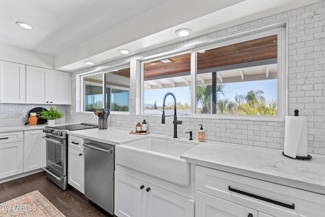 kitchen featuring dark hardwood / wood-style flooring, tasteful backsplash, white cabinets, sink, and appliances with stainless steel finishes