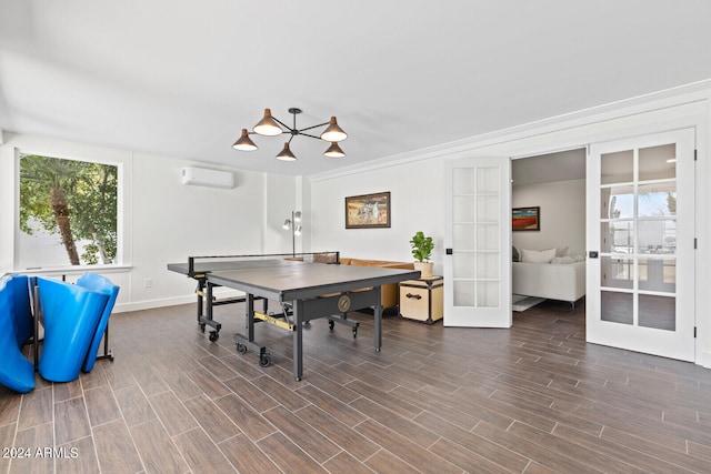 playroom with a wealth of natural light, dark wood-type flooring, and french doors