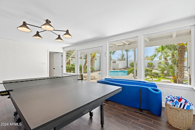 recreation room featuring a wealth of natural light and dark wood-type flooring