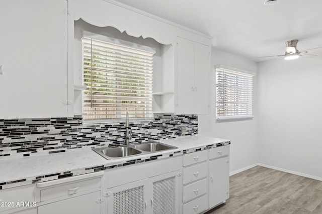 541 W Vernon Ave, Phoenix, AZ 85003 - kitchen with ceiling fan, backsplash, white cabinets, light countertops, and light wood-style floors