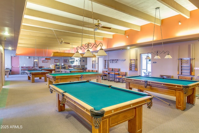 recreation room with light carpet, pool table, a high ceiling, and beamed ceiling