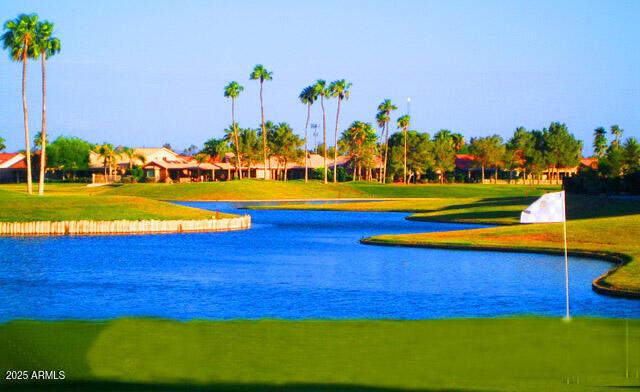 view of property's community with a water view and a yard