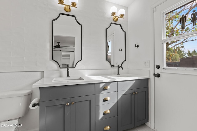 bathroom with ceiling fan, vanity, and toilet