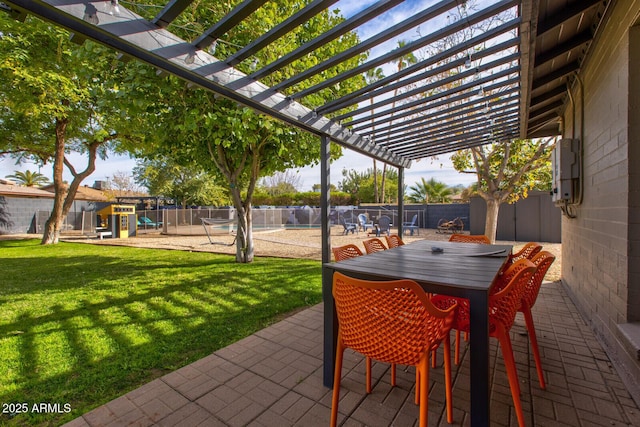 view of patio with a playground, a pergola, and a fenced in pool