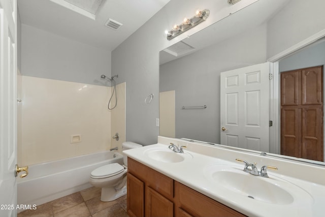 bathroom featuring toilet, bathtub / shower combination, a sink, and visible vents