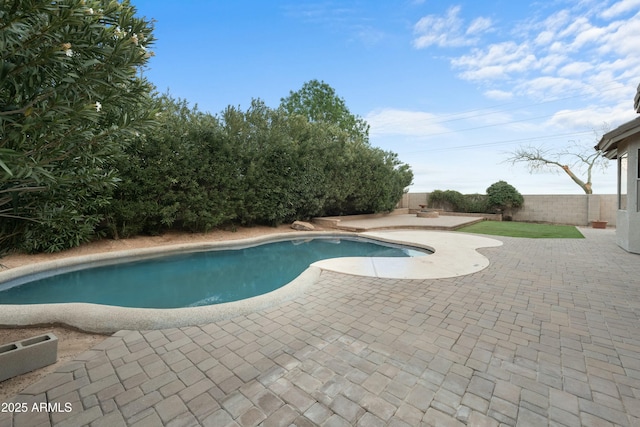 view of swimming pool featuring a fenced in pool, a fenced backyard, and a patio