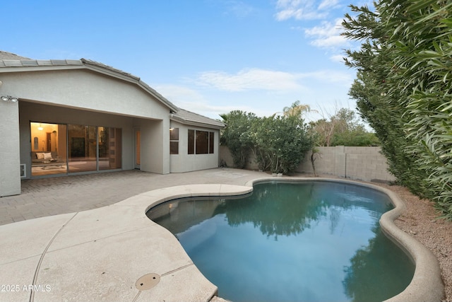 view of pool with a fenced in pool, a fenced backyard, and a patio