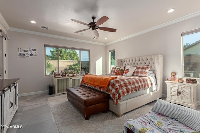 bedroom featuring ceiling fan and ornamental molding