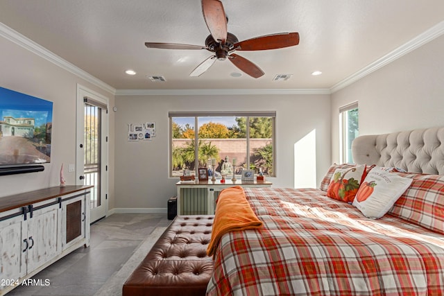 bedroom featuring ceiling fan, ornamental molding, access to outside, and multiple windows