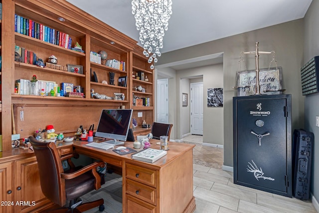 office space featuring a notable chandelier