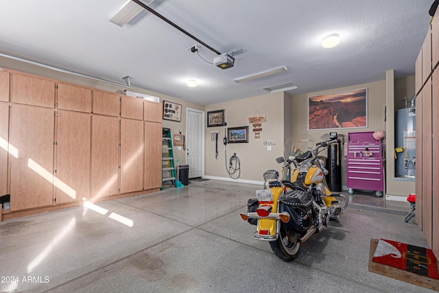 garage featuring a garage door opener and water heater