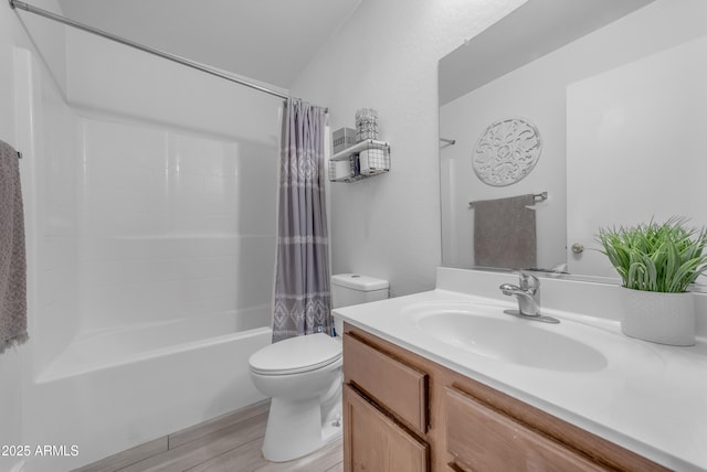 23693 W Grove St, Buckeye, AZ 85326 - full bathroom with toilet, wood finished floors, vanity, and shower / tub combo with curtain