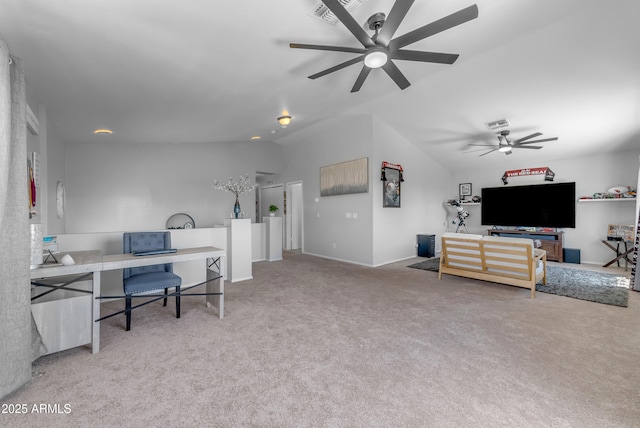 23693 W Grove St, Buckeye, AZ 85326 - carpeted office featuring ceiling fan, lofted ceiling, and baseboards