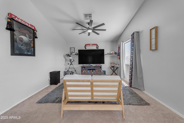 23693 W Grove St, Buckeye, AZ 85326 - bedroom featuring carpet, lofted ceiling, baseboards, and ceiling fan