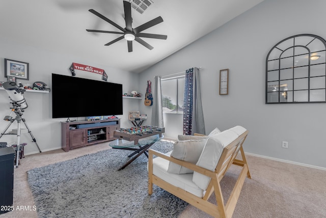 23693 W Grove St, Buckeye, AZ 85326 - carpeted living area featuring ceiling fan, lofted ceiling, and baseboards