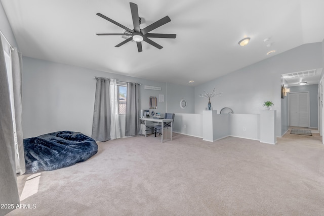 23693 W Grove St, Buckeye, AZ 85326 - living area featuring ceiling fan, carpet flooring, a desk, vaulted ceiling, and baseboards