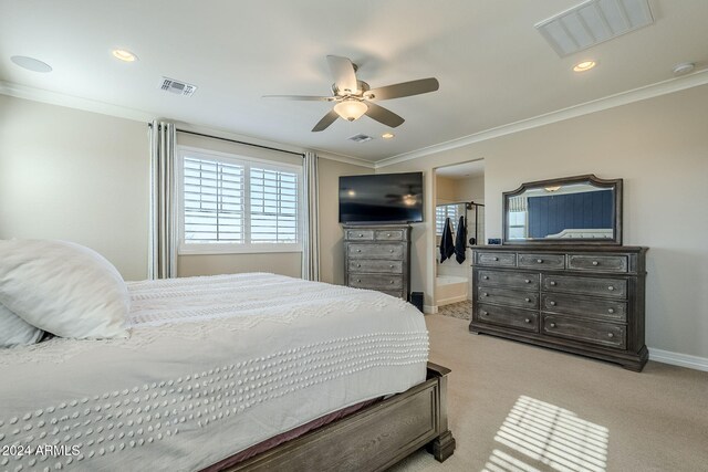 bedroom with ceiling fan, crown molding, and light colored carpet