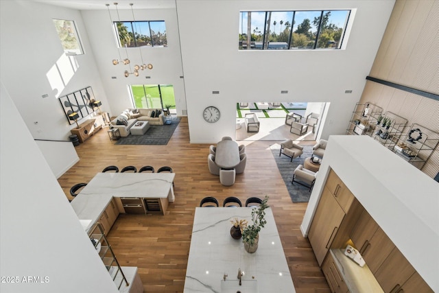 living room with a towering ceiling and hardwood / wood-style floors