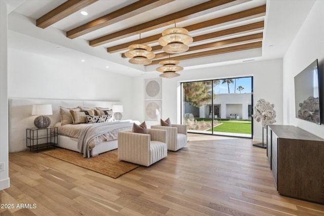 bedroom with a notable chandelier, light wood-type flooring, access to outside, and beam ceiling