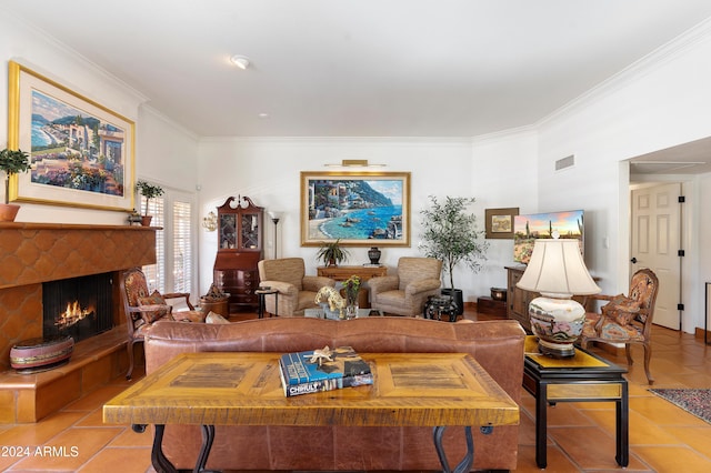 living room featuring crown molding and light tile patterned floors